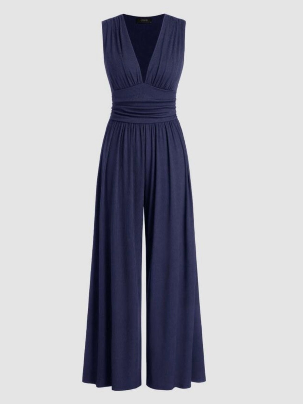 CIDER Women Navy Blue V-Neck Ruched Ribbed Wide Leg Sleeveless Jumpsuit Size Med